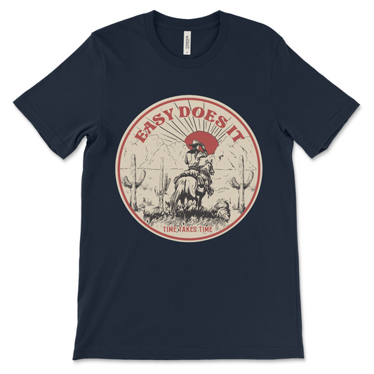 Easy Does It recovery shirt with western-inspired design, AA and NA clothing for sobriety and 12-step programs
