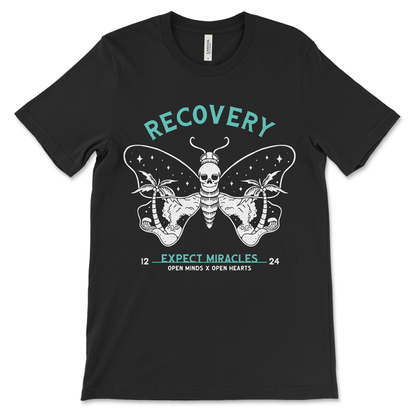 Expect Miracles sobriety shirt with butterfly skull graphic, AA recovery clothing and NA apparel.
