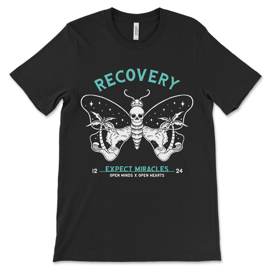 Expect Miracles sobriety shirt with butterfly skull graphic, AA recovery clothing and NA apparel.
