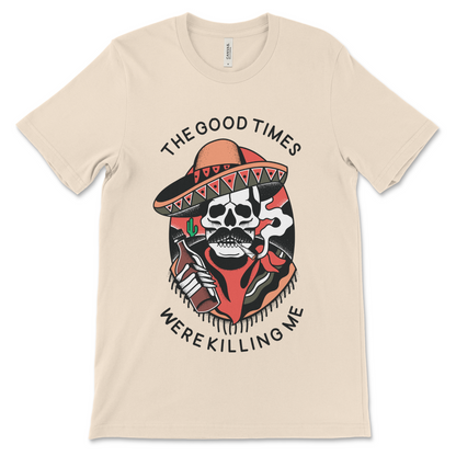 Funny recovery shirt with The Good Times Were Killing Me slogan, AA shirt and NA gift.
