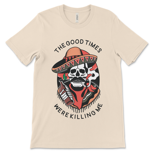 Funny recovery shirt with The Good Times Were Killing Me slogan, AA shirt and NA gift.
