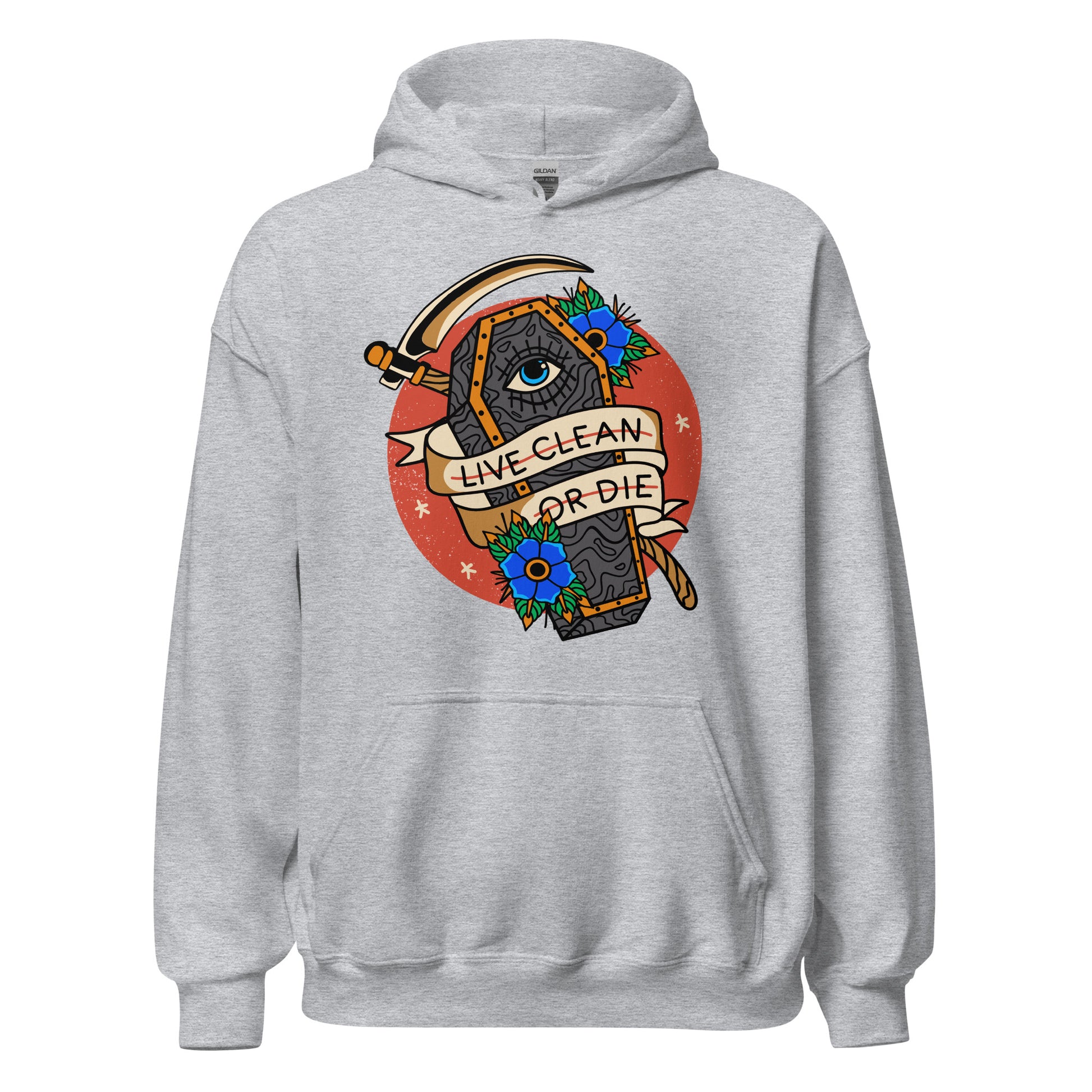 Addiction recovery hoodie with Live Clean or Die message, AA and NA clothing for sober lifestyle
