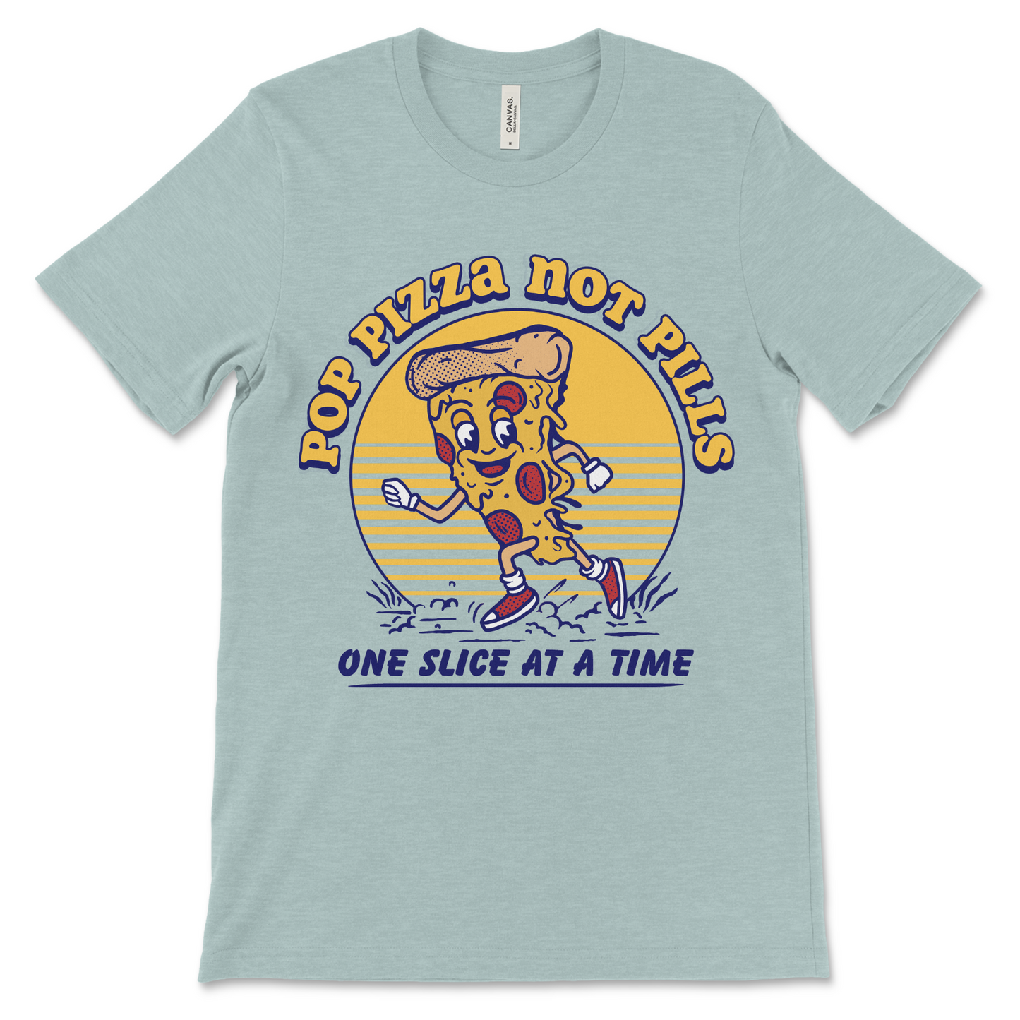 Pop Pizza Not Pills recovery tee, humorous sober gift idea for AA members, NA members, and 12-step programs
