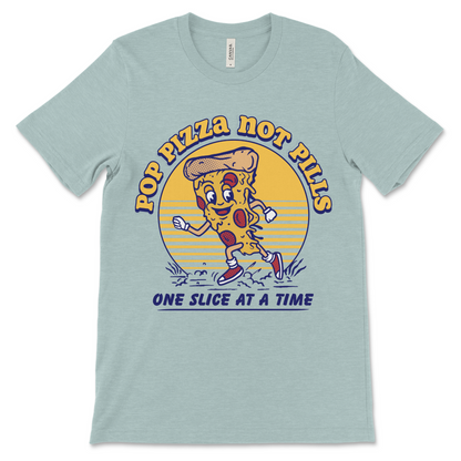 Pop Pizza Not Pills recovery tee, humorous sober gift idea for AA members, NA members, and 12-step programs
