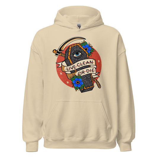 Live Clean or Die hoodie, AA recovery sweatshirt for 12-step programs and sobriety support
