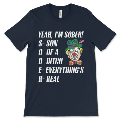 Addiction recovery shirt featuring SOBER acronym, humorous AA and NA clothing for 12-step members
