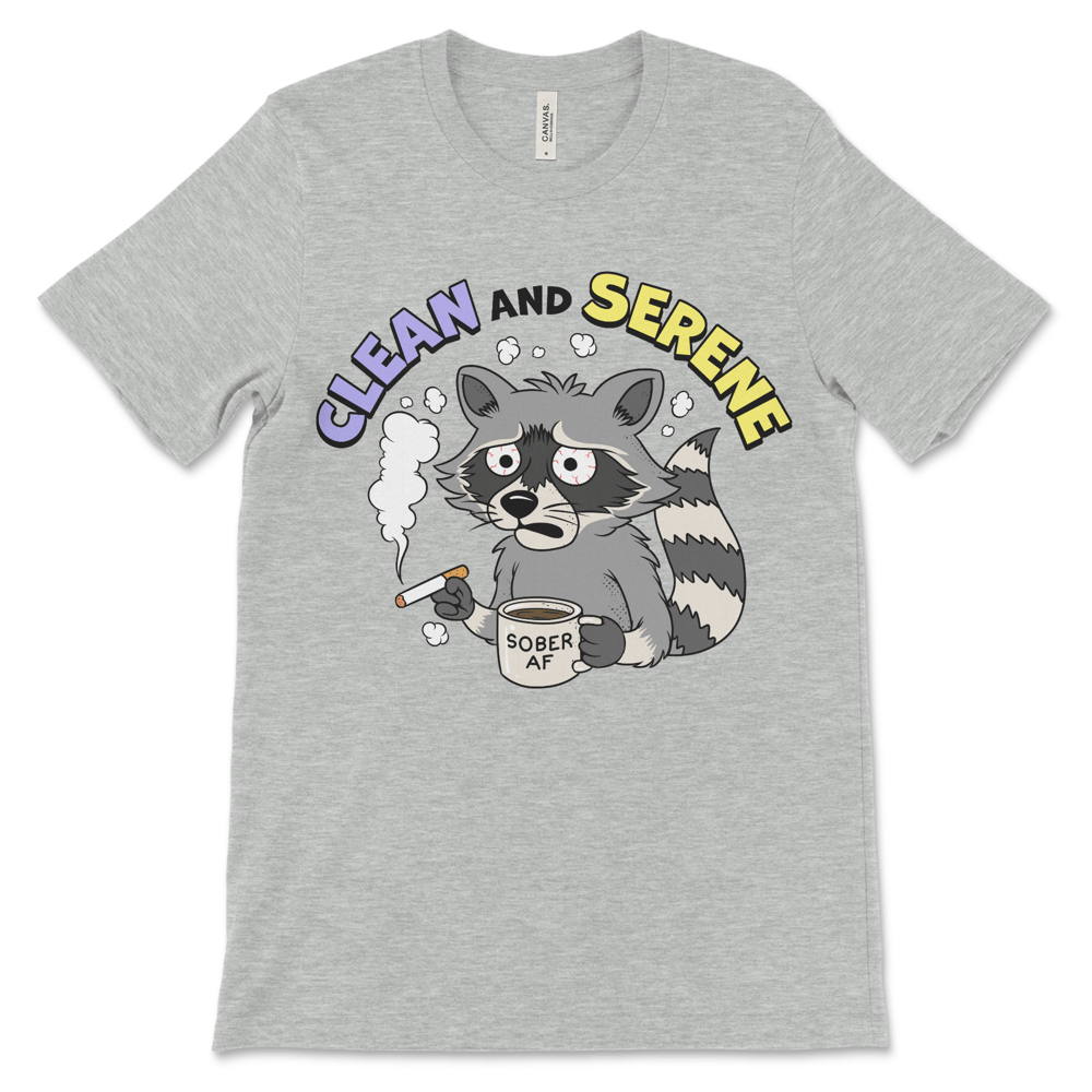 AA shirt or NA shirt with funny raccoon. A great recovery clothing option for sober anniversaries and 12 step meetings.