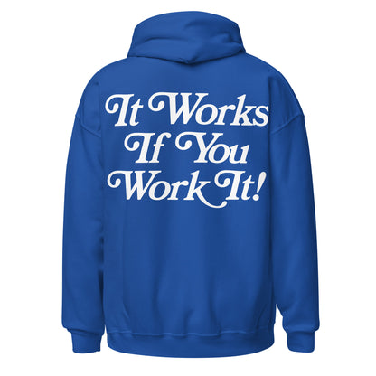 Recovery hoodie with 12-step slogans in retro lettering, AA clothing and NA apparel for people in sobriety
