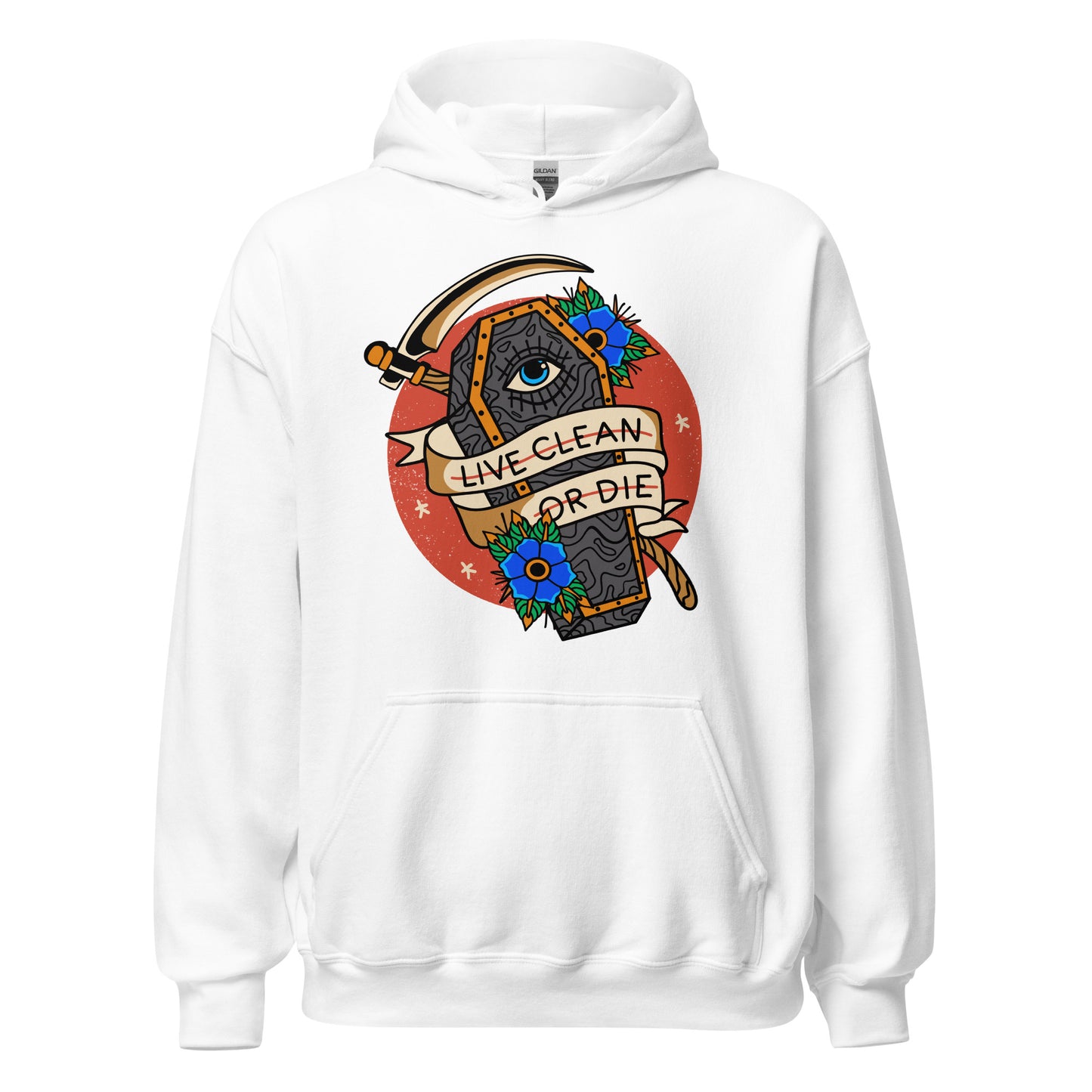 Sobriety hoodie featuring Live Clean or Die slogan, NA recovery clothing for sponsors and sponsees
