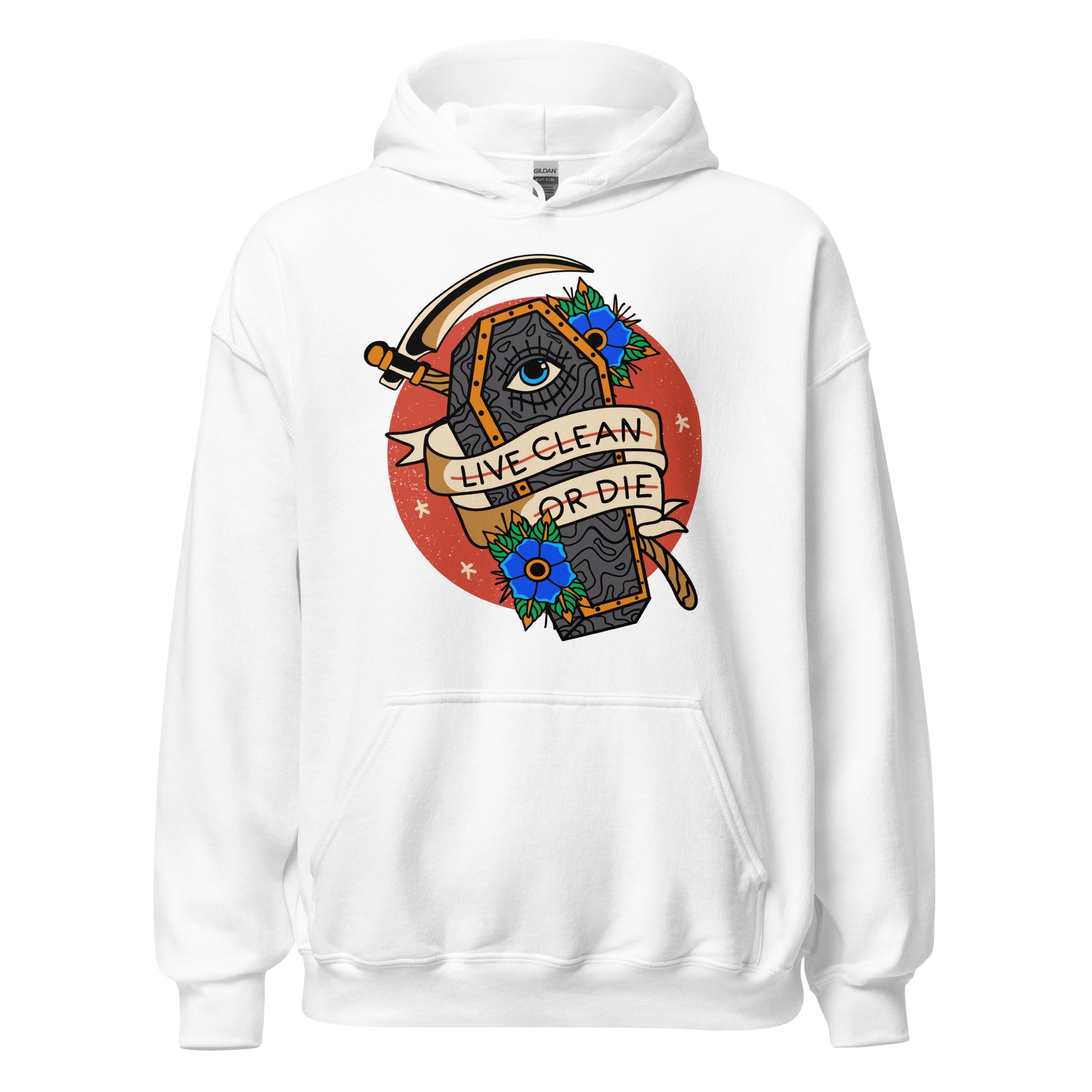 Sobriety hoodie featuring Live Clean or Die slogan, NA recovery clothing for sponsors and sponsees

