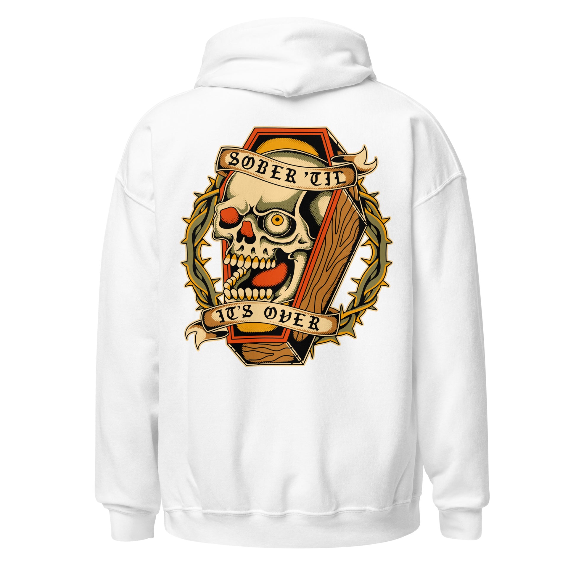 Sobriety hoodie featuring skull artwork and Sober Till It’s Over message, AA and NA recovery clothing
