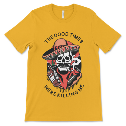 Sobriety shirt with The Good Times Were Killing Me design, AA apparel and NA recovery clothing.
