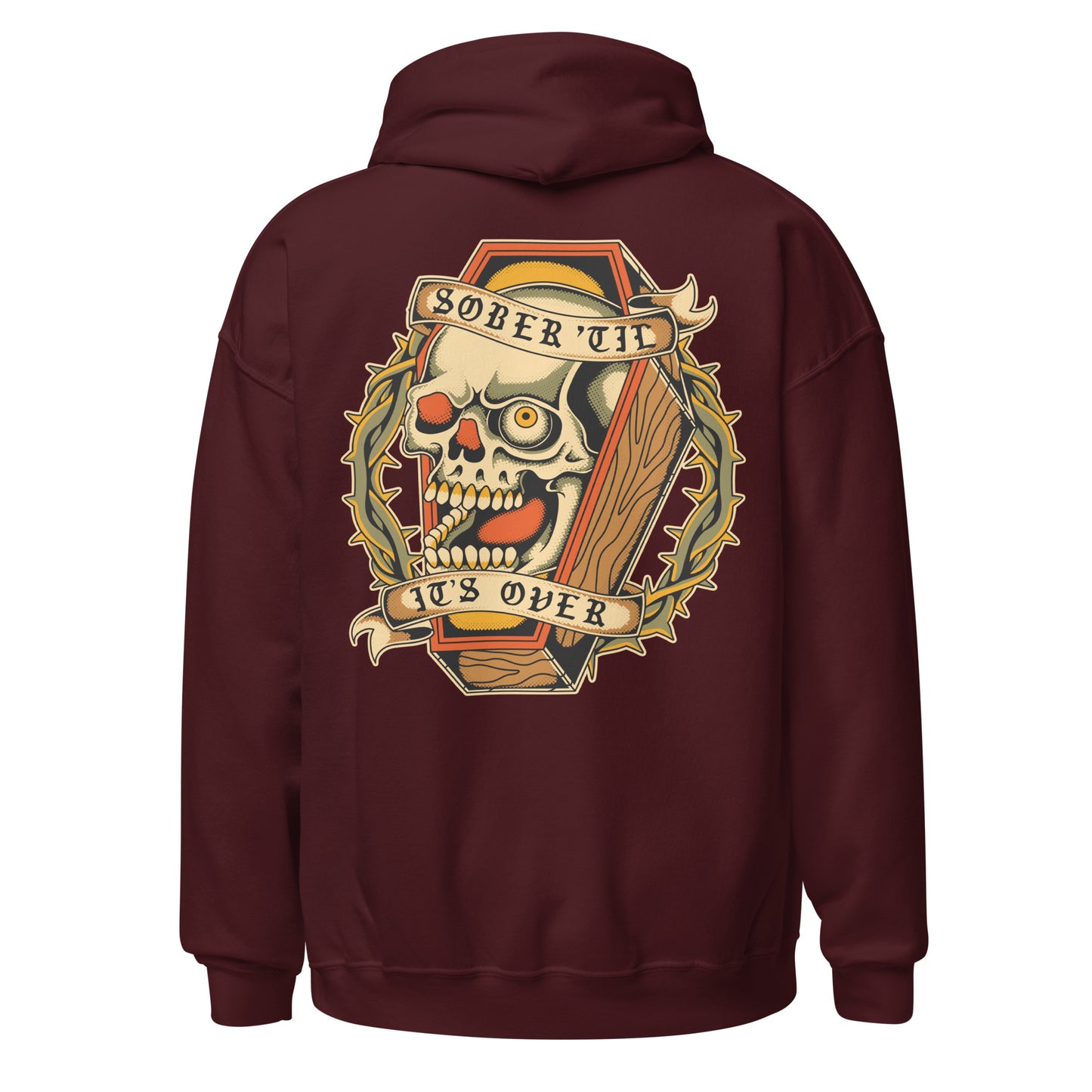Recovery hoodie with tattoo style skull design, AA and NA shirt alternative for fellowship members
