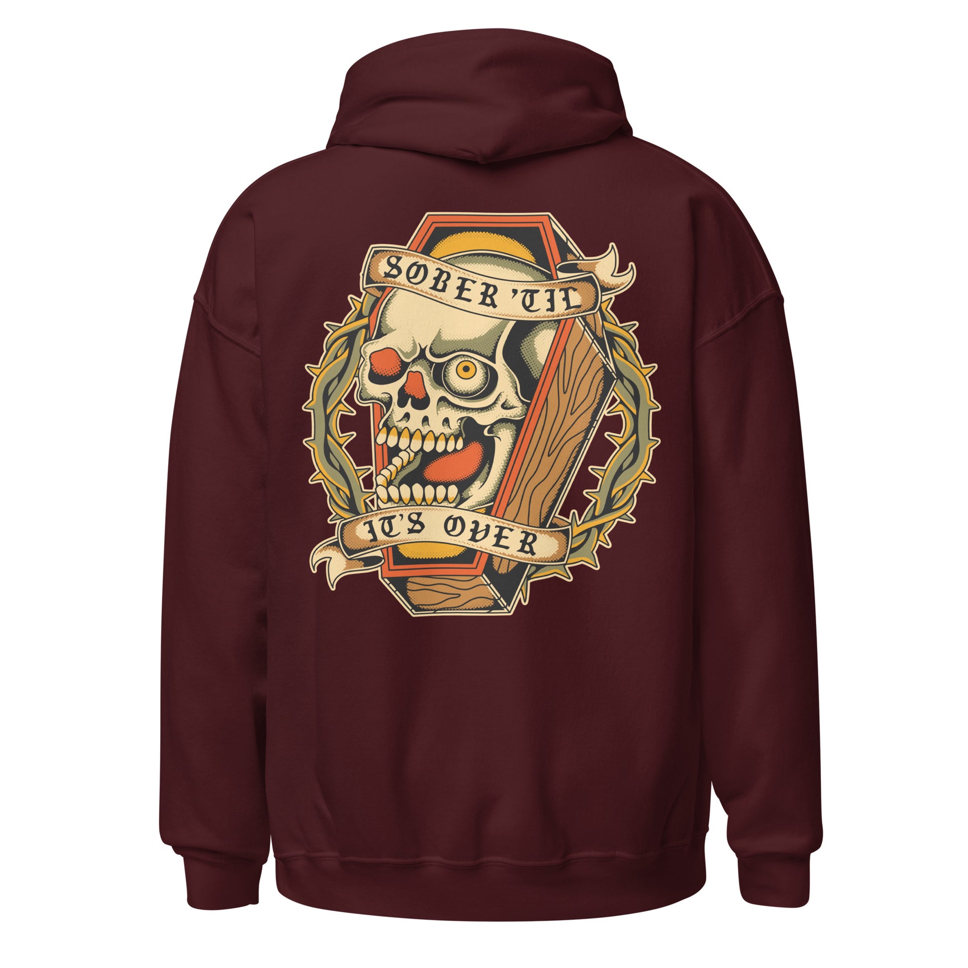 Recovery hoodie with tattoo style skull design, AA and NA shirt alternative for fellowship members
