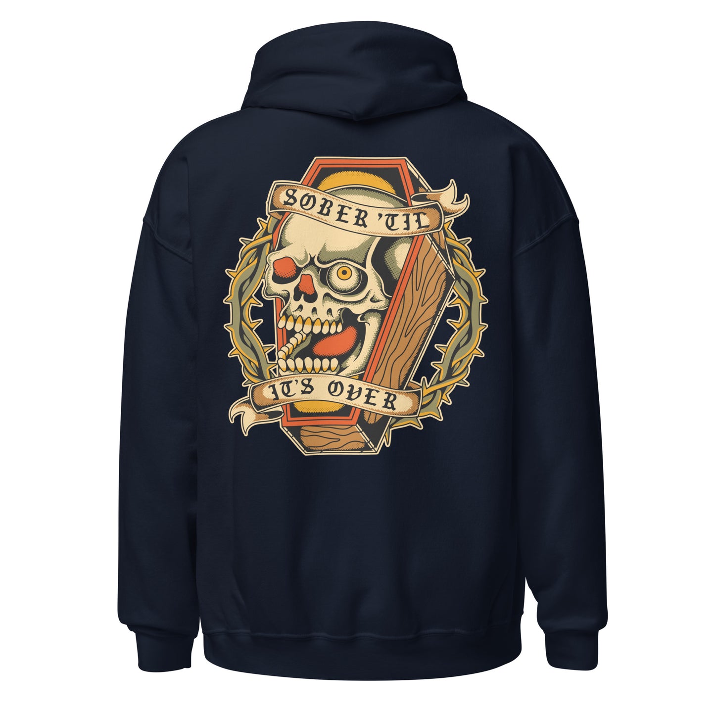 Sober Till It’s Over skull hoodie, NA clothing and Alcoholics Anonymous apparel for sponsors, sponsees, and meetings
