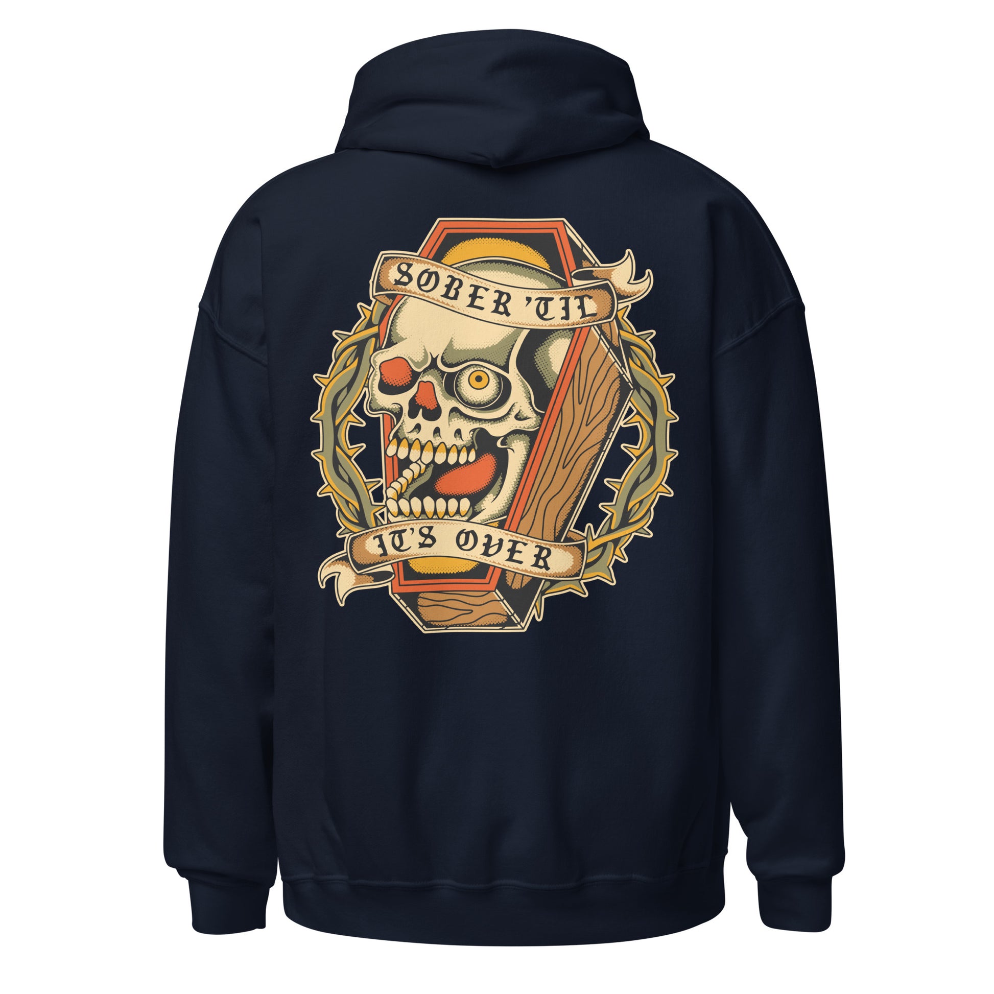 Sober Till It’s Over skull hoodie, NA clothing and Alcoholics Anonymous apparel for sponsors, sponsees, and meetings
