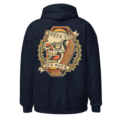 Sober Till It’s Over skull hoodie, NA clothing and Alcoholics Anonymous apparel for sponsors, sponsees, and meetings
