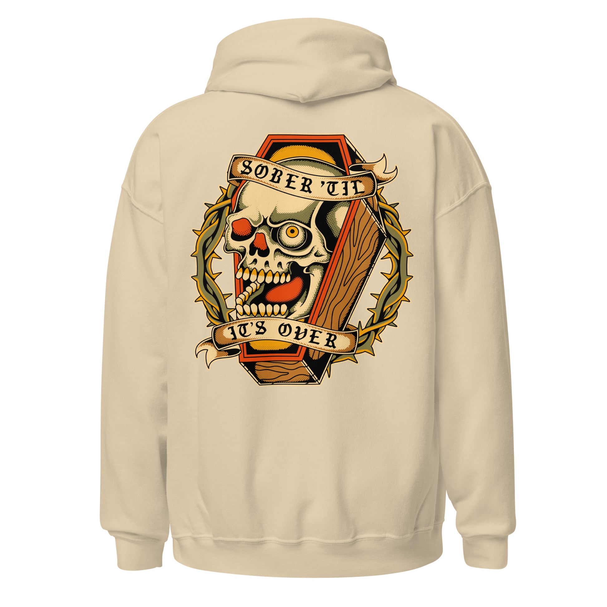 Tattoo inspired recovery hoodie with skull art, AA hoodie and NA hoodie for sobriety and 12-step recovery hoodie lovers.

