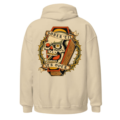 Tattoo inspired recovery hoodie with skull art, AA hoodie and NA hoodie for sobriety and 12-step recovery hoodie lovers.
