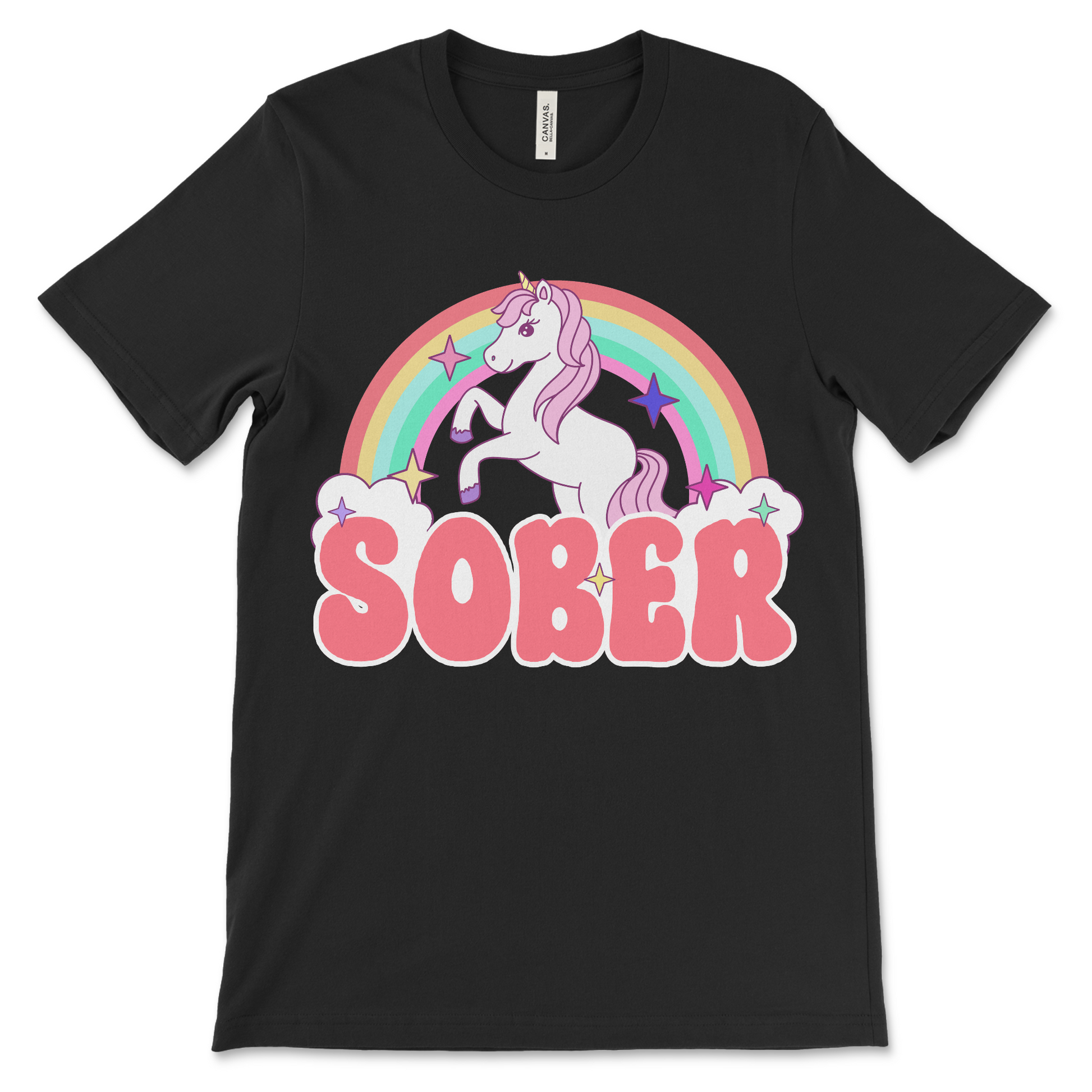 funny sober shirt featuring unicorn and rainbow graphic, recovery apparel for clean time anniversaries and sobriety gifts
