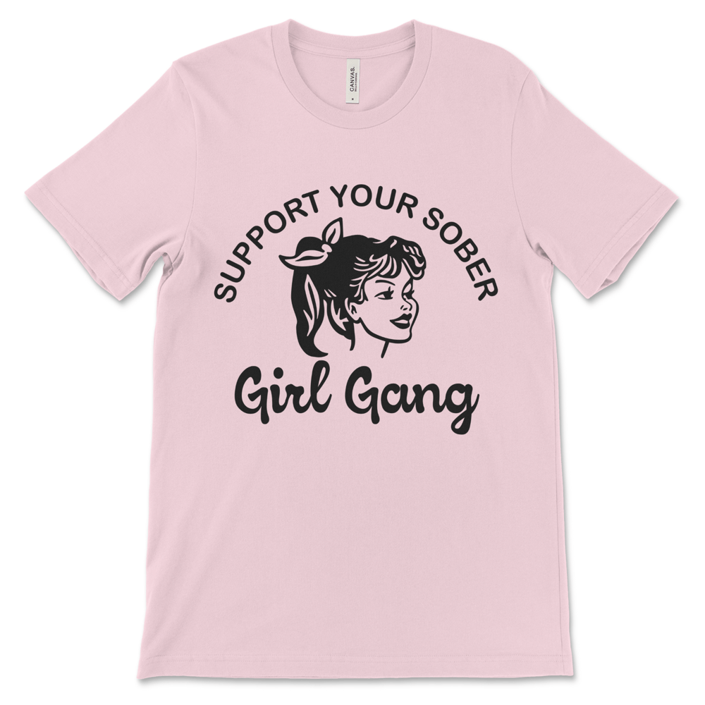 Women’s sobriety shirt with Support Your Sober Girl Gang slogan, AA clothing and recovery apparel.