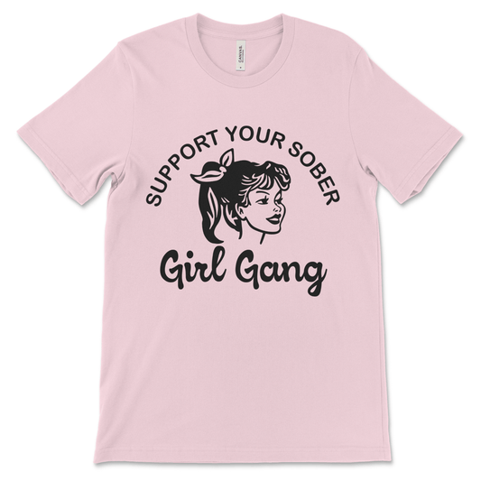 Women’s sobriety shirt with Support Your Sober Girl Gang slogan, AA clothing and recovery apparel.