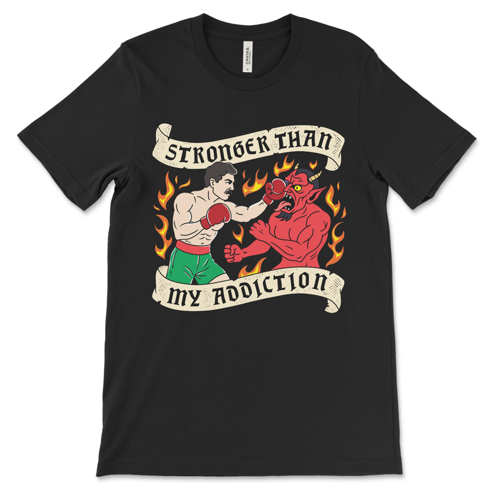 Sobriety shirt with boxer vs devil graphic, recovery clothing and sober apparel