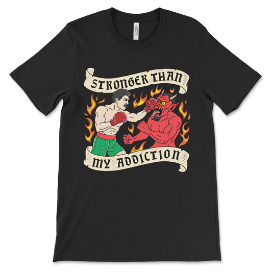 Sobriety shirt with boxer vs devil graphic, recovery clothing and sober apparel