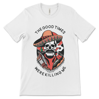 Addiction recovery shirt with The Good Times Were Killing Me slogan, AA clothing and NA apparel.
